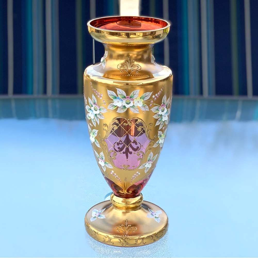 Crystalex Bohemian Czechoslovakian Ruby Red and Gold Vintage Vase